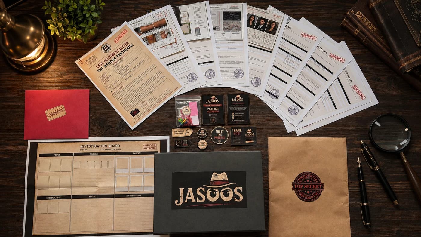 A Jasoos evidence box opened out: case documents, an investigation board, sealed envelopes, ID cards and a magnifying glass