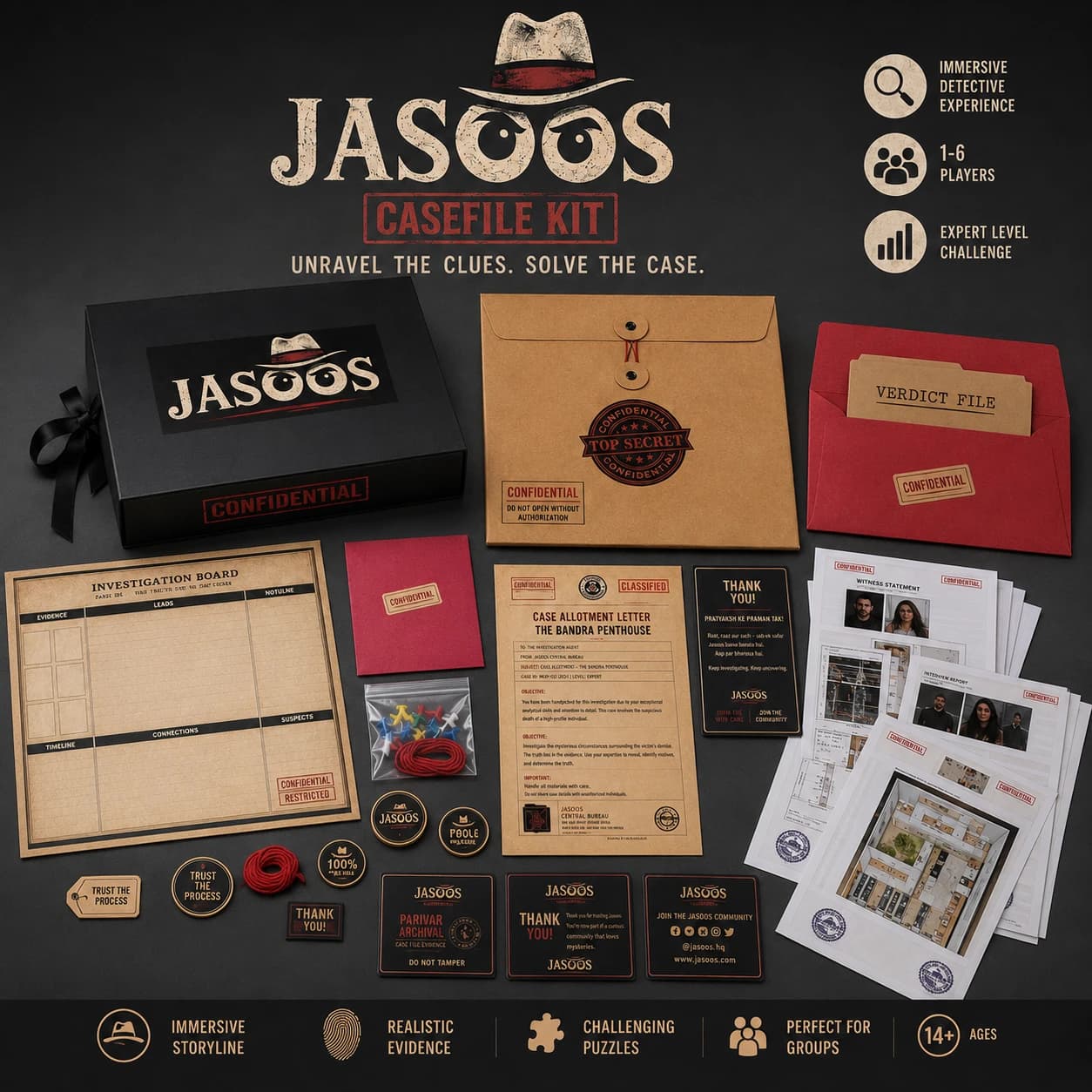 The Jasoos casefile kit laid out: box, top-secret envelope, verdict file, investigation board, badges and witness statements