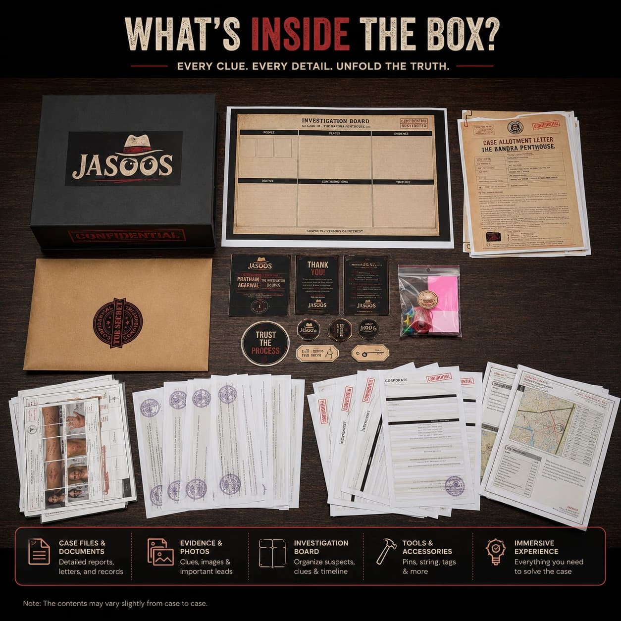 Overhead view of a full case: envelopes, investigation board, evidence cards, pins and stacks of printed reports and photographs